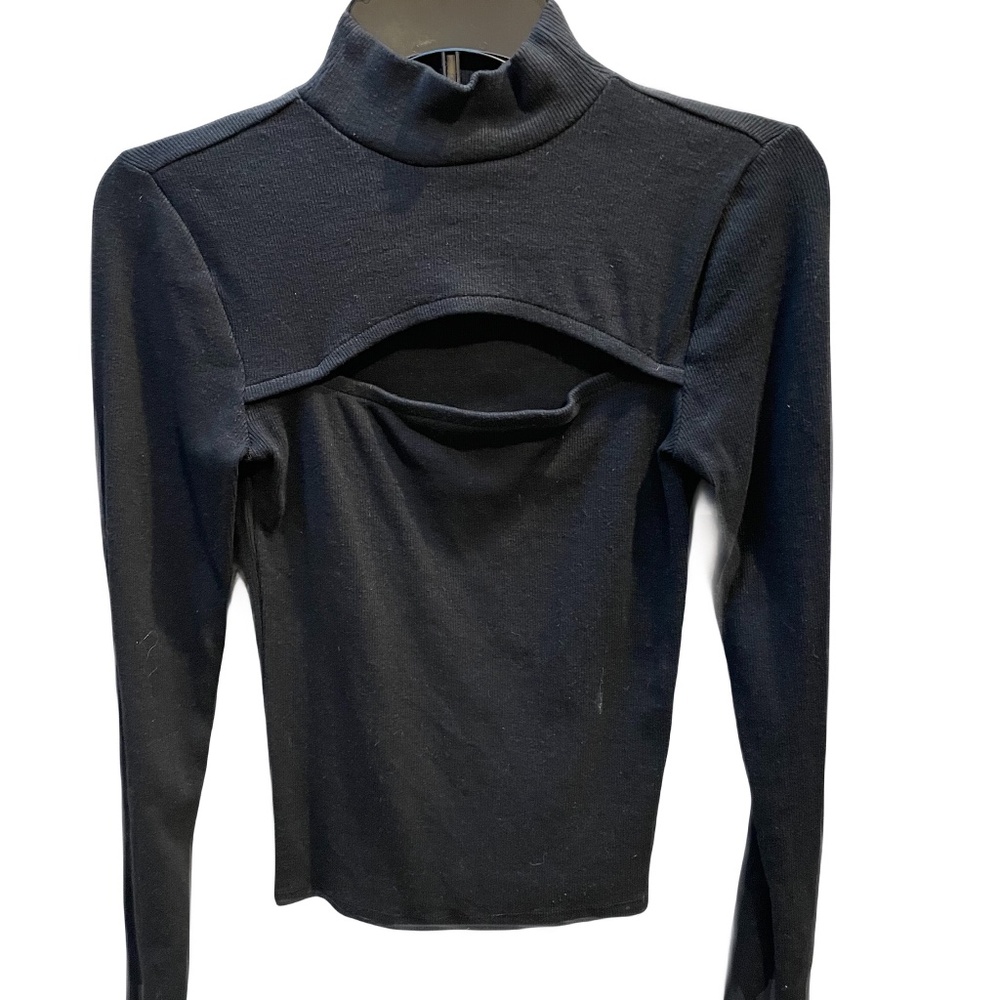 ❤️ GAP BLACK RIBBED CUTOUT MOCK NECK TOP SIZE XS